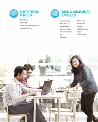 Advel Group
Fever 104
Future Eye International Ltd.
Hindustan Times
ADVERTISING
& MEDIA
Apeejay Group
Blue Star Ltd.
Berger Paints
Godfrey Phillips
Grasim Industries
ITC
Lexi Pens
FMCG & COMSUMER
DURABLES
MTR Foods
Parle Foods
Pepsico
TVS Electronics
VLCC
Vishal Videos
47
 