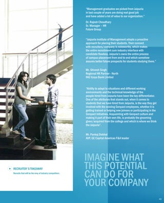 IMAGINE WHAT
THIS POTENTIAL
CAN DO FOR
YOUR COMPANY
“Management graduates we picked from Jaipuria
in last couple of years are doing real good job
and have added a lot of value to our organization.”
Dr. Rajesh Choudhary
Sr. Manager – HR
Future Group
“Jaipuria institute of Management adopts a proactive
approach for placing their students. Their connect
with recruiters/company is noteworthy, which makes
the entire recruitment cum industry interface with
candidate flawless. Jaipuria’s owns the entire process
of campus placement from end to end which somehow
assures better future prospects for students studying there.”
Mr. Shivesh Singh
Regional HR Partner - North
ING Vysya Bank Limited
“Ability to adapt to situations and different working
environments and the technical knowledge of the
people hired from Jaipuria have been the key differentiator.
One of the attributes that stands out, when it comes to
students that we have hired from Jaipuria, is the way they get
involved with the existing Genpact employees, whether it is
getting trained or helping new joinees or participating in the
Genpact initiatives. Acquainting with Genpact culture and
making it part of their own life, is probably the grooming
given/acquired from the college and which is where we think
the Jaipuria”.
Mr. Pankaj Dobhal
AVP, GE Capital Americas F&A leader
Recruits that will be the envy of industry competitors.
RECRUITER'S TAKEAWAY
49
 