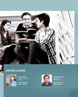 Debyani Sinha
Head - Human Resource
NEC HCL
Jaipuria Alumnus
Batch 1996-98
Sandeep Mohanty
AGM - Corp HR
Amtek Auto Ltd
Jaipuria Alumnus
Batch 2001-03
JAIPURIA ALUMNI
71
 