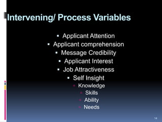 Intervening/ Process Variables
 Applicant Attention
 Applicant comprehension
 Message Credibility
 Applicant Interest
 Job Attractiveness
 Self Insight
 Knowledge
 Skills
 Ability
 Needs
14
 
