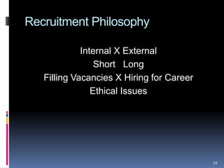 Recruitment Philosophy
Internal X External
Short Long
Filling Vacancies X Hiring for Career
Ethical Issues
24
 