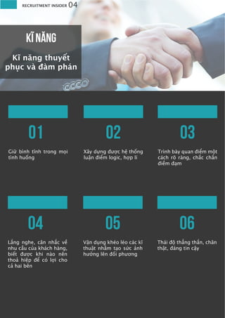 KĨ NĂNG
Kĩ năng thuyết
phục và đàm phán
Giữ bình tĩnh trong mọi
tình huống
01
Xây dựng được hệ thống
luận điểm logic, hợp lí
02
Trình bày quan điểm một
cách rõ ràng, chắc chắn
điềm đạm
03
RECRUITMENT INSIDER 04
Lắng nghe, cân nhắc về
nhu cầu của khách hàng,
biết được khi nào nên
thoả hiệp để có lợi cho
cả hai bên
04
Vận dụng khéo léo các kĩ
thuật nhằm tạo sức ảnh
hưởng lên đối phương
05
Thái độ thẳng thắn, chân
thật, đáng tin cậy
06
 