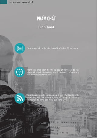 RECRUITMENT INSIDER 04
PHẨM CHẤT
Linh hoạt
Sẵn sàng chấp nhận các thay đổi với thái độ lạc quan
Đánh giá một cách hệ thống các phương án để xây
dựng kế hoạch hành động hợp lí và nhanh chóng trong
các tình huống khó khăn
Sẵn sàng tiếp nhận các công nghệ mới như là một phần
của công việc và không ngừng sử dụng các phương
thức mới để nâng cao hiệu quả công việc
 