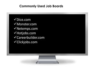 Commonly Used Job Boards



Dice.com
Monster.com
Netemps.com
Hotjobs.com
Careerbuilder.com
Clickjobs.com
 
