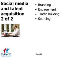Social media
and talent
acquisition
2 of 2
• Branding
• Engagement
• Traffic building
• Sourcing
Page 22
 