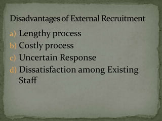 a) Lengthy process
b) Costly process
c) Uncertain Response
d) Dissatisfaction among Existing
  Staff
 