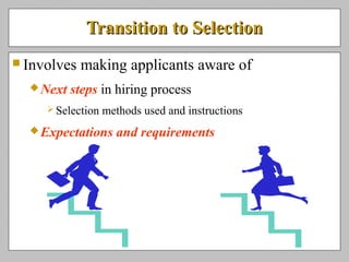 Transition to SelectionTransition to Selection
 Involves making applicants aware of
Next steps in hiring process
 Selection methods used and instructions
Expectations and requirements
 