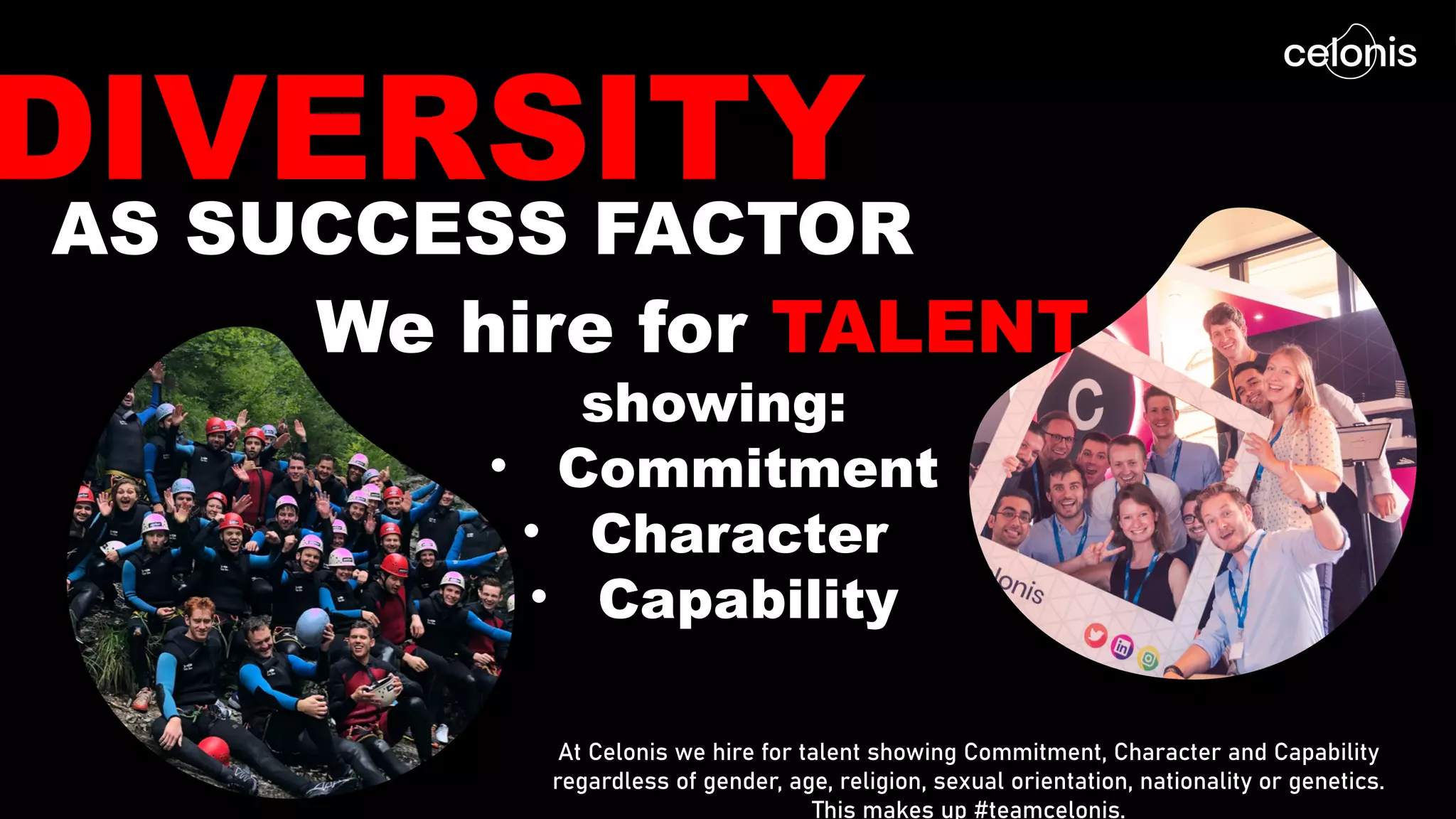 DIVERSITY
AS SUCCESS FACTOR
We hire for TALENT
At Celonis we hire for talent showing Commitment, Character and Capability
regardless of gender, age, religion, sexual orientation, nationality or genetics.
This makes up #teamcelonis.
showing:
• Commitment
• Character
• Capability
 
