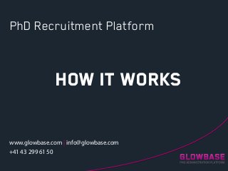 PhD Recruitment Platform
How It Works
www.glowbase.com | info@glowbase.com
+41 43 299 61 50
 