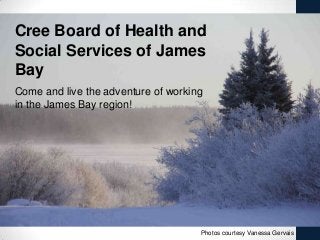Cree Board of Health and
Social Services of James
Bay
Come and live the adventure of working
in the James Bay region!




                                     Photos courtesy Vanessa Gervais
 