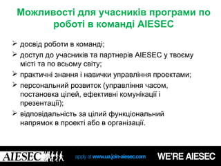 Можливості для учасників програми по
       роботі в команді AIESEC
 досвід роботи в команді;
 доступ до учасників та партнерів AIESEC у твоєму
  місті та по всьому світу;
 практичні знання і навички управління проектами;
 персональний розвиток (управління часом,
  постановка цілей, ефективні комунікації і
  презентації);
 відповідальність за цілий функціональний
  напрямок в проекті або в організації.
 
