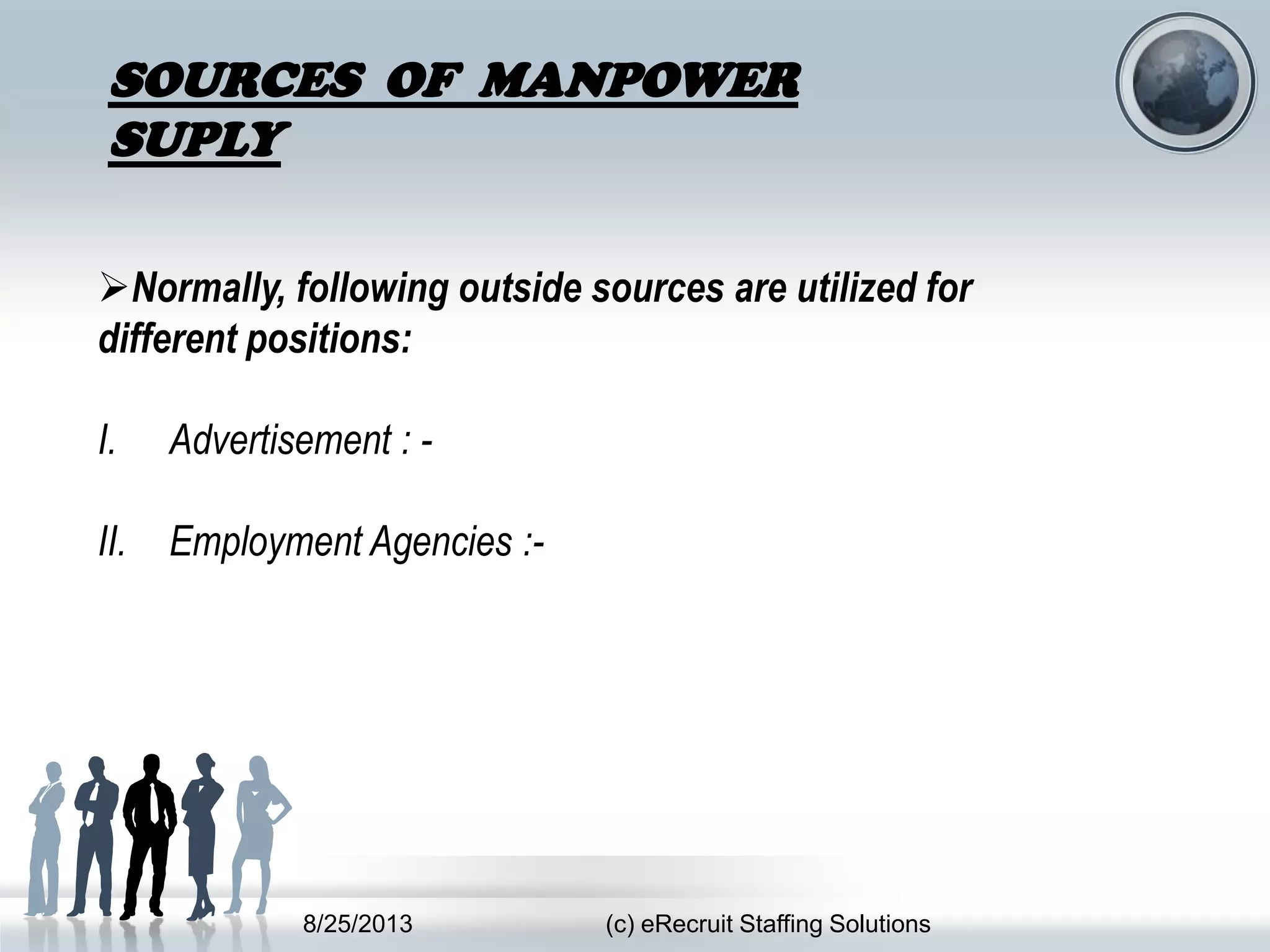 8/25/2013 (c) eRecruit Staffing Solutions
SOURCES OF MANPOWER
SUPLY
Normally, following outside sources are utilized for
different positions:
I. Advertisement : -
II. Employment Agencies :-
 