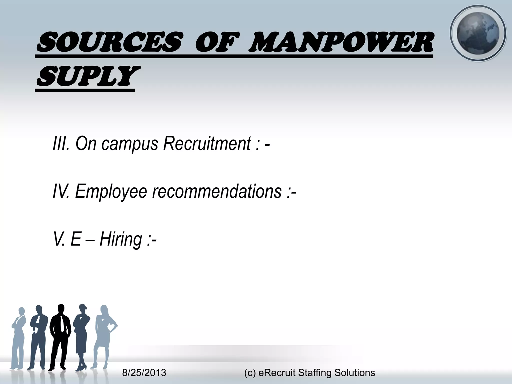 8/25/2013 (c) eRecruit Staffing Solutions
SOURCES OF MANPOWER
SUPLY
III. On campus Recruitment : -
IV. Employee recommendations :-
V. E – Hiring :-
 