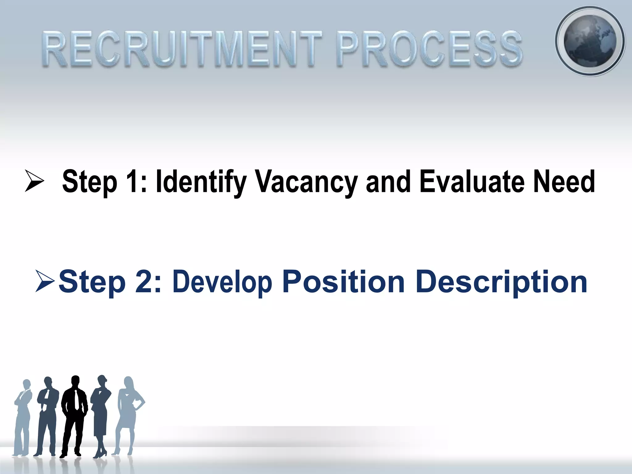  Step 1: Identify Vacancy and Evaluate Need
Step 2: Develop Position Description
 