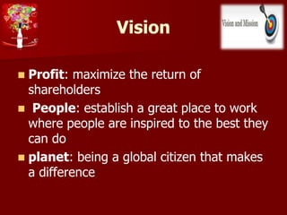 Vision
 Profit: maximize the return of
shareholders
 People: establish a great place to work
where people are inspired to the best they
can do
 planet: being a global citizen that makes
a difference
 