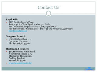 Contact Us
Regd. Off:
 SCO 80-81-82, 4th Floor,
Sector 34 A, Chandigarh – 160034, India.
For Corporate Enquiry – Ph: +91-172-5069001
For Jobseekers / Candidates – Ph: +91-172-5069004/5069006
hr@tasolutions.in
Gurgaon Branch:
 1621, Sushant Lok – 1,
Gurgaon, Haryana
Ph: +91-9878149367
Hyderabad Branch:
 401,Hitec-city Main Road,
Near Hotel Kasani GR,
Madhapur Hyderabad,
Andhra Pradesh
+91-9878149367
 www.tasolutions.in/hr
 