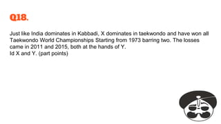 Q18.
Just like India dominates in Kabbadi, X dominates in taekwondo and have won all
Taekwondo World Championships Starting from 1973 barring two. The losses
came in 2011 and 2015, both at the hands of Y.
Id X and Y. (part points)
 