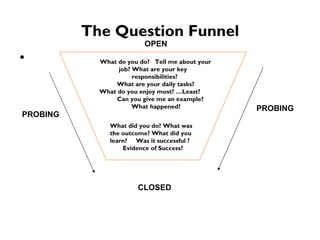 The Question Funnel OPEN CLOSED PROBING PROBING What do you do?  Tell me about your job? What are your key  responsibilities?  What are your daily tasks?  What do you enjoy most? …Least? Can you give me an example? What happened? What did you do? What was the outcome? What did you learn?  Was it successful ? Evidence of Success? 