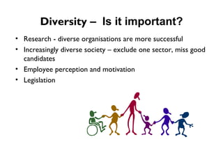 Diversity  –  Is it important? Research - diverse organisations are more successful  Increasingly diverse society – exclude one sector, miss good candidates Employee perception and motivation Legislation 