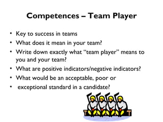 Competences – Team Player Key to success in teams What does it mean in your team? Write down exactly what “team player” means to you and your team? What are positive indicators/negative indicators? What would be an acceptable, poor or exceptional standard in a candidate?  