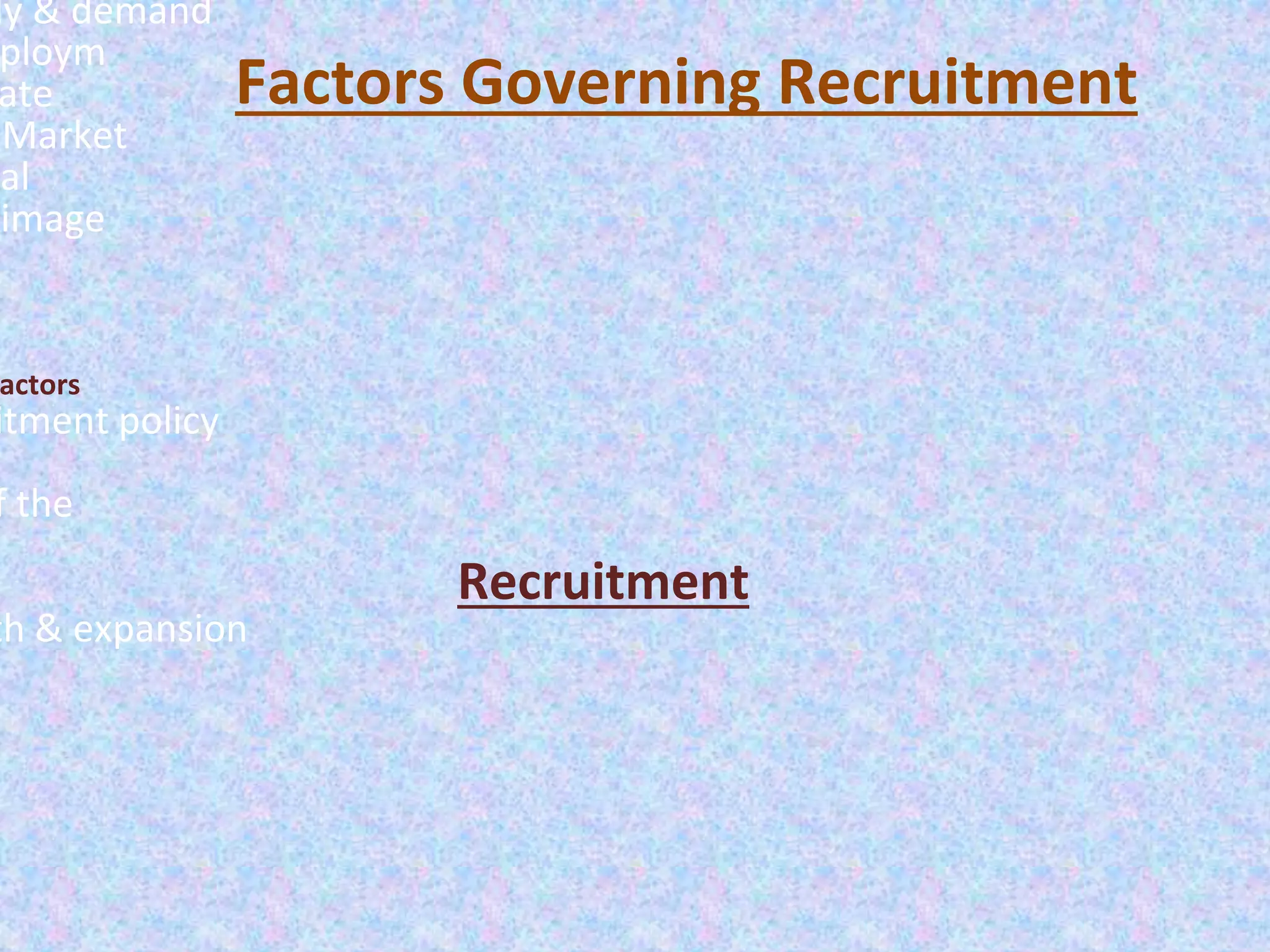 Factors Governing Recruitment
ly & demand
ploym
ate
Market
cal
image
actors
itment policy
f the
th & expansion
Recruitment
 