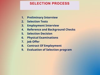 1. Preliminary Interview
2. Selection Tests
3. Employment Interview
4. Reference and Background Checks
5. Selection Decision
6. Physical Examinations
7. Job Offer
8. Contract Of Employment
9. Evaluation of Selection program
 
