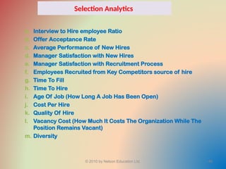 Selection Analytics
a. Interview to Hire employee Ratio
b. Offer Acceptance Rate
c. Average Performance of New Hires
d. Manager Satisfaction with New Hires
e. Manager Satisfaction with Recruitment Process
f. Employees Recruited from Key Competitors source of hire
g. Time To Fill
h. Time To Hire
i. Age Of Job (How Long A Job Has Been Open)
j. Cost Per Hire
k. Quality Of Hire
l. Vacancy Cost (How Much It Costs The Organization While The
Position Remains Vacant)
m. Diversity
© 2010 by Nelson Education Ltd. 46
 