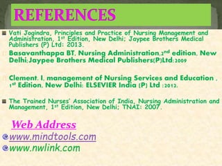 Vati Jogindra, Principles and Practice of Nursing Management and
Administration, 1st Edition, New Delhi; Jaypee Brothers Medical
Publishers (P) Ltd: 2013.
Basavanthappa BT, Nursing Administration,2nd edition, New
Delhi;Jaypee Brothers Medical Publishers(P)Ltd:2009
Clement. I, management of Nursing Services and Education ,
1st Edition, New Delhi: ELSEVIER India (P) Ltd :2012.
The Trained Nurses’ Association of India, Nursing Administration and
Management, 1st Edition, New Delhi; TNAI: 2007.
Web Address
www.mindtools.com
www.nwlink.com
 