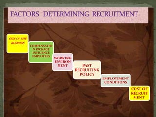SIZE OF THE
BUSINESS
COMPENSATIO
N PACKAGE
INFLUENCE
EMPLOYEES
WORKING
ENVIRON
MENT PAST
RECRUITING
POLICY
EMPLOYEMENT
CONDITIONS
COST OF
RECRUIT
MENT.
 