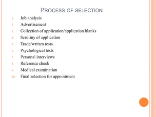 PROCESS OF SELECTION
1. Job analysis
2. Advertisement
3. Collection of application/application blanks
4. Scrutiny of application
5. Trade/written tests
6. Psychological tests
7. Personal interviews
8. Reference check
9. Medical examination
10. Final selection for appointment
 