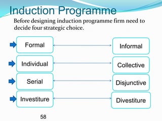 Induction Programme
Before designing induction programme firm need to
decide four strategic choice.

    Formal                             Informal

  Individual                          Collective

    Serial                            Disjunctive

  Investiture                         Divestiture

         58
 