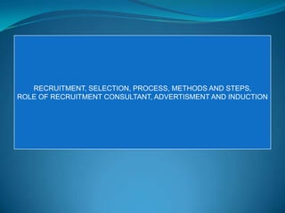 RECRUITMENT, SELECTION, PROCESS, METHODS AND STEPS,
ROLE OF RECRUITMENT CONSULTANT, ADVERTISMENT AND INDUCTION
 