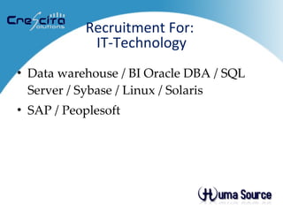 Data warehouse / BI Oracle DBA / SQL Server / Sybase / Linux / Solaris SAP / Peoplesoft Recruitment For:  IT-Technology 