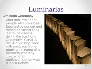 Luminarias
Luminaria Ceremony
• After dark, we honor
  people who have been
  touched by cancer and
  remember loved ones
  lost to the disease
  during the Luminaria
  Ceremony. Candles
  are lit inside bags filled
  with sand, each one
  bearing the name of a
  person touched by
  cancer, and
  participants often walk
  a lap in silence.
 