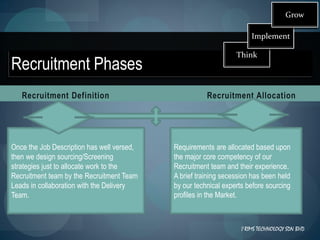 Grow

                                                                      Implement

                                                                 Think
Recruitment Phases
   Recruitment Definition                              Recruitment Allocation




Once the Job Description has well versed,   Requirements are allocated based upon
then we design sourcing/Screening           the major core competency of our
strategies just to allocate work to the     Recruitment team and their experience.
Recruitment team by the Recruitment Team    A brief training secession has been held
Leads in collaboration with the Delivery    by our technical experts before sourcing
Team.                                       profiles in the Market.



                                                                  I RIMS TECHNOLOGY SDN BHD
 