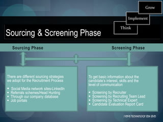 Grow

                                                                      Implement

                                                                Think
Sourcing & Screening Phase
   Sourcing Phase                                         Screening Phase




There are different sourcing strategies   To get basic information about the
we adopt for the Recruitment Process      candidate’s interest, skills and the
                                          level of communication
 Social Media network sites-LinkedIn
 Referrals schemes/Head Hunting             Screening by Recruiter
 Through our company database               Screening by Recruiting Team Lead
 Job portals                                Screening by Technical Expert
                                             Candidate Evaluation Report Card

                                                                  I RIMS TECHNOLOGY SDN BHD
 