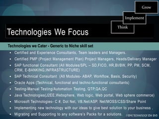 Grow

                                                                         Implement


Technologies We Focus FOCUS
 TECHNOLOGIES WE
                                                                    Think



Technologies we Cater - Generic to Niche skill set
    Certified and Experience Consultants, Team leaders and Managers.
    Certified PMP (Project Management Plan) Project Managers, Heads/Delivery Manager
    SAP functional Consultant (All Modules/SPL – SD,FICO, HR,BI/BW, PP, PM, SCM,
     CRM, E-BANKING,INFRASTRUCTURE)
  SAP Technical Consultant (All Modules- ABAP, Workflow, Basis, Security)
  Oracle Apps (Technical, functional and techno-functional consultants)
  Testing-Manual Testing/Automation Testing, QTP,QA,QC
  Java Technologies(J2EE,Websphere, Web logic, Web portal, Web sphere commerce)
  Microsoft Technologies- C #, Dot Net, VB.Net/ASP. Net/MOSS/CSS/Share Point
  Implementing new technology with our ideas to give best solution to your business .
  Migrating and Supporting to any software’s Packs for a solutions. I RIMS TECHNOLOGY SDN BHD
 