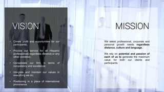 MISSION
We assist professional, corporate and
personal growth needs regardless
distance, culture and language.
We rely on potential and passion of
each of us to generate the maximum
value for both our clients and
participants
• Create profit and opportunities for our
participants,
• Provide our service for all Hispanic
professionals regardless distance or any
other condition;
• Consolidate our firm in terms of
competency and excellence;
• Integrate and maintain our values in
everything we do;
• Positioning in a place of international
prominence
VISION
 