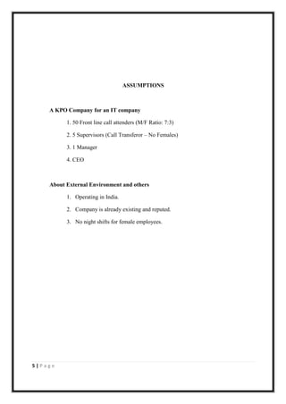 ASSUMPTIONS



    A KPO Company for an IT company

          1. 50 Front line call attenders (M/F Ratio: 7:3)

          2. 5 Supervisors (Call Transferor – No Females)

          3. 1 Manager

          4. CEO



    About External Environment and others

          1. Operating in India.

          2. Company is already existing and reputed.

          3. No night shifts for female employees.




5|Page
 