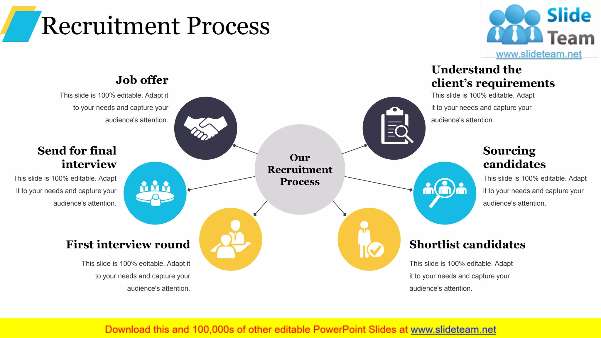 Recruitment Process
First interview round
This slide is 100% editable. Adapt it
to your needs and capture your
audience's attention.
Send for final
interview
This slide is 100% editable. Adapt
it to your needs and capture your
audience's attention.
Job offer
This slide is 100% editable. Adapt it
to your needs and capture your
audience's attention.
Shortlist candidates
This slide is 100% editable. Adapt
it to your needs and capture your
audience's attention.
Sourcing
candidates
This slide is 100% editable. Adapt
it to your needs and capture your
audience's attention.
Understand the
client’s requirements
This slide is 100% editable. Adapt
it to your needs and capture your
audience's attention.
Our
Recruitment
Process
 