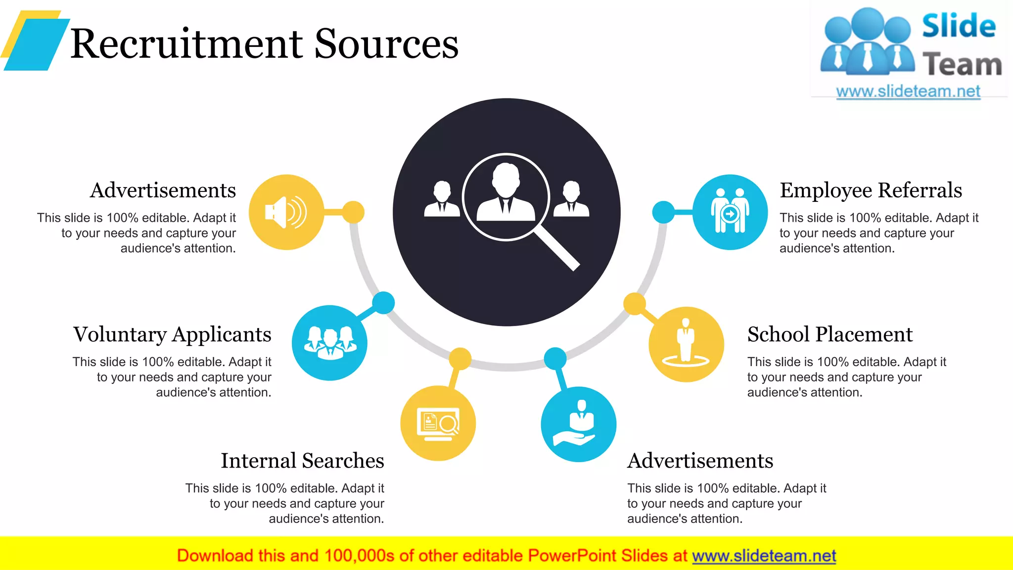 Recruitment Sources
Advertisements
This slide is 100% editable. Adapt it
to your needs and capture your
audience's attention.
Internal Searches
This slide is 100% editable. Adapt it
to your needs and capture your
audience's attention.
Voluntary Applicants
This slide is 100% editable. Adapt it
to your needs and capture your
audience's attention.
Advertisements
This slide is 100% editable. Adapt it
to your needs and capture your
audience's attention.
School Placement
This slide is 100% editable. Adapt it
to your needs and capture your
audience's attention.
Employee Referrals
This slide is 100% editable. Adapt it
to your needs and capture your
audience's attention.
 