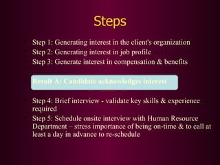 Steps Step 1: Generating interest in the client's organization Step 2: Generating interest in job profile Step 3: Generate interest in compensation & benefits Result A: Candidate acknowledges interest Step 4: Brief interview - validate key skills & experience required  Step 5: Schedule onsite interview with Human Resource Department – stress importance of being on-time & to call at least a day in advance to re-schedule 