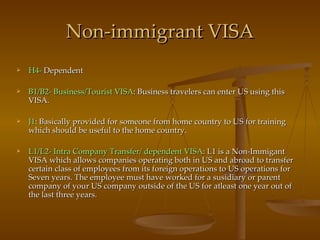 Non-immigrant VISA H4-  Dependent B1/B2- Business/Tourist VISA : Business travelers can enter US using this VISA. J1 : Basically provided for someone from home country to US for training which should be useful to the home country. L1/L2- Intra Company Transfer/ dependent VISA : L1 is a Non-Immigant VISA which allows companies operating both in US and abroad to transfer certain class of employees from its foreign operations to US operations for Seven years. The employee must have worked for a susidiary or parent company of your US company outside of the US for atleast one year out of the last three years. 