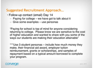 April, 2015
Suggested Recruitment Approach…
• Follow-up contact (email) Day 14
– Paying for college – we have got to talk about it
– Give some examples – use personas
“Paying for school is top of mind for anyone considering
returning to college. Please know we are sensitive to the cost
of higher education and wanted to share with you some of the
ways our students are making their education attainable”
***Use 3 student personas – include how much money they
make, their financial aid award, employer tuition
reimbursement, grants or scholarships, and samples of
repayment based on a typical amount borrowed to complete
your program.
 