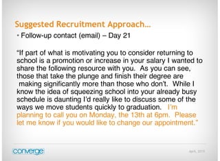 April, 2015
Suggested Recruitment Approach…
• Follow-up contact (email) – Day 21
“If part of what is motivating you to consider returning to
school is a promotion or increase in your salary I wanted to
share the following resource with you. As you can see,
those that take the plunge and finish their degree are
making significantly more than those who don’t. While I
know the idea of squeezing school into your already busy
schedule is daunting I’d really like to discuss some of the
ways we move students quickly to graduation. I’m
planning to call you on Monday, the 13th at 6pm. Please
let me know if you would like to change our appointment.”
 