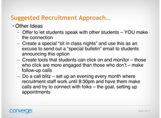 April, 2015
Suggested Recruitment Approach…
• Other Ideas
– Offer to let students speak with other students – YOU make
the connection
– Create a special “sit in class nights” and use this as an
excuse to send out a “special bulletin” email to students
announcing this option
– Create tools that students can click on and monitor – those
who click are more engaged than those who don’t – make
follow-up calls
– Do a call blitz – set up an evening every month where
recruitment staff work until 8:30pm and have them make
calls and try to connect with folks – the goal, setting up
appointments
 