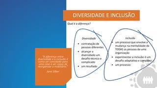 • um processo que envolve a
mudança na mentalidade de
TODAS as pessoas de uma
organização
• experimentar a inclusão é um
desafio adaptativo e complexo
• um processo
DIVERSIDADE E INCLUSÃO
Qual é a diferença?
Diversidade Inclusão
• contratação de
pessoas diferentes
• alcançar a
diversidade-um
desafio técnico e
complicado
• um resultado
“A diferença entre
diversidade e a inclusão é
como ser convidado para
uma casa e ser capaz de
reorganizar o mobiliário.”
Jane Silber
 