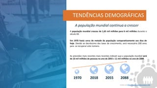 A população mundial cresceu de 1,65 mil milhões para 6 mil milhões durante o
século XX.
Em 1970 havia cerca de metade da população comparativamente aos dias de
hoje. Devido ao decréscimo das taxas de crescimento, será necessário 200 anos
para se recuperar este número.
As previsões mais recentes mais recentes indicam que a população mundial será
de 10 mil milhões de pessoas no ano de 2055 e 11 mil milhões no ano de 2088.
A população mundial continua a crescer
TENDÊNCIAS DEMOGRÁFICAS
1970 2018 2055 2088
Dados de http://www.worldometers.info
 