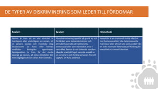 DE TYPER AV DISKRIMINERING SOM LEDER TILL FÖRDOMAR
Rasism Sexism Homofobi
Rasism är tron att en viss etnicitet är
överlägsen eller underlägsen en annan, att
en persons sociala och moraliska drag
förutbestäms av hans eller hennes
medfödda biologiska egenskaper.
Rasseparatism är tron, för det mesta
baserad på rasism, att olika etniciteter bör
förbli segregerade och skilda från varandra.
Könsdiskriminering uppstår på grund av, och
förstärker, vissa beteendemönster och
attityder baserade på traditionella,
stereotypa roller som människor antar i
samhället. Sexism är ett tänkesätt som kan
påverka praktiskt taget varenda aspekt av
en persons liv och hindra personen från att
uppfylla sin fulla potential.
Homofobi är en irrationell rädsla eller hat
mot homosexualitet, icke-heterosexuella
människor eller allt och alla som avviker från
en strikt normativ heterosexuell hållning till
sexualitet och sexuell identitet.
 
