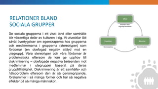 INTRODUKTION
De sociala grupperna i ett visst land eller samhälle
blir väsentliga delar av kulturen i sig. Vi utvecklar lätt
såväl övertygelser om egenskaperna hos grupperna
och medlemmarna i grupperna (stereotyper) som
fördomar (en obefogad negativ attityd mot en
utegrupp). Våra stereotyper och våra fördomar är
problematiska eftersom de kan ge upphov till
diskriminering – obefogade negativa beteenden mot
medlemmar i utegrupper baserat på deras
grupptillhörighet. Diskriminering är ett samhälls- och
hälsoproblem eftersom den är så genomgripande,
förekommer i så många former och har så negativa
effekter på så många människor.
RELATIONER BLAND
SOCIALA GRUPPER
 